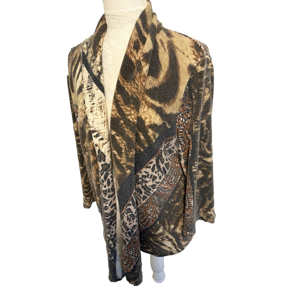 Alberto Makali‎ Cardigan Sweater~XL~Brown Leopard Animal Print Black Crochet Bk